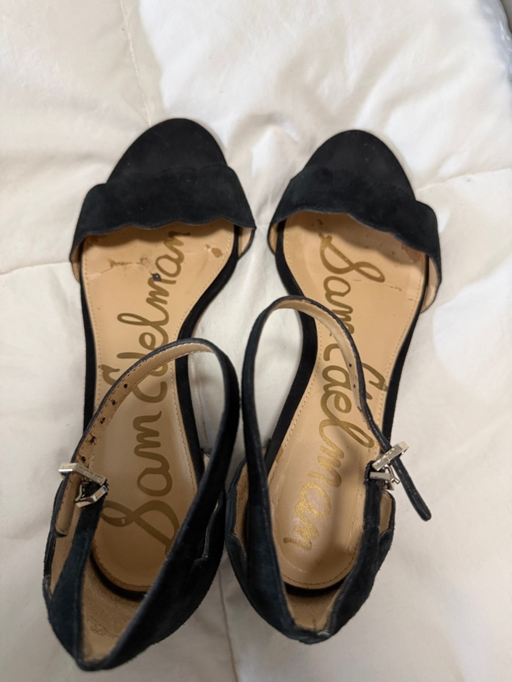 Sam Edelman Black Scallop Suede Ankle-Strap Block Heels - Picture 3 of 6
